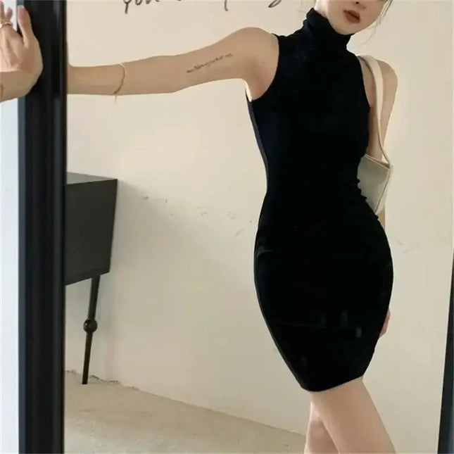 Summer High Neck Bodycon Dress | Oversleeve Tight Fit Wrapped Hip Dres