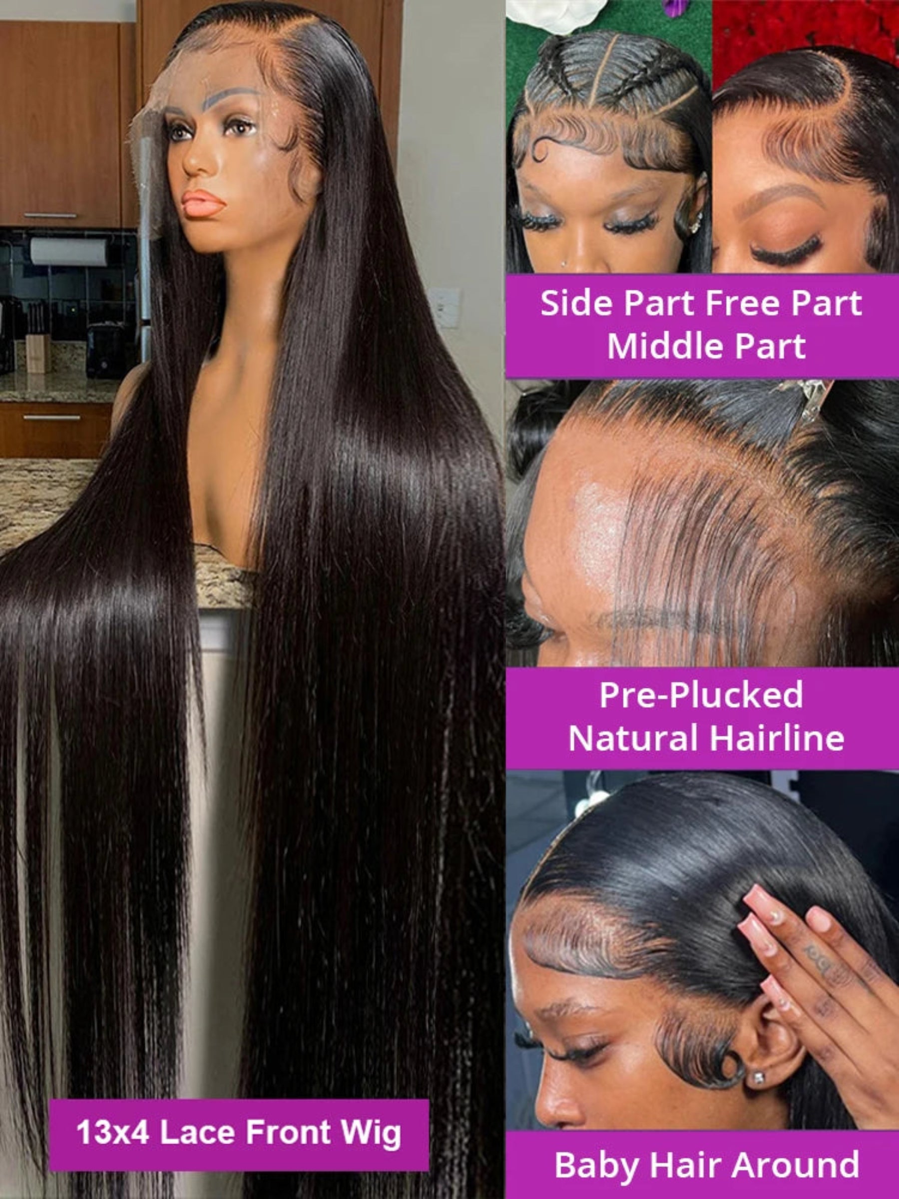 Collage of a lace front wig with various features highlighted.