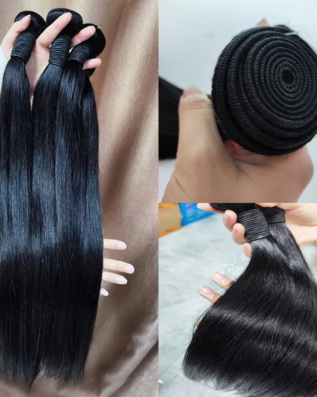 Collage of black hair extensions held by hands against different backgrounds