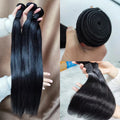 Collage of black hair extensions held by hands against different backgrounds