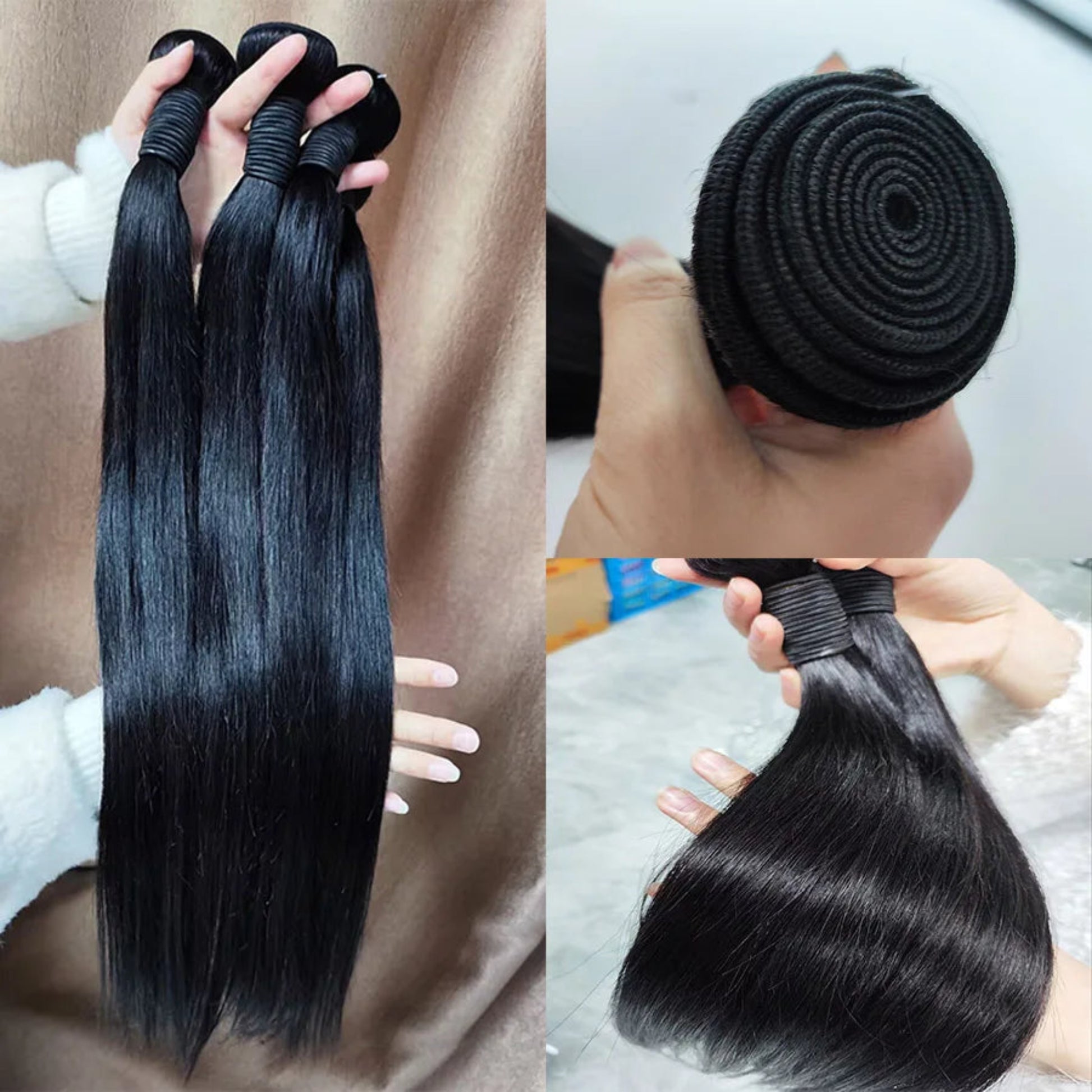 Collage of black hair extensions held by hands against different backgrounds