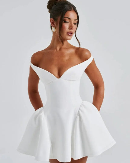 Elegant Off Shoulder Draped V Neck Mini Dress Party Club Outfits for Women Strapless Sexy A-Line Dresses Birthday. Off shoulder mini dress party.