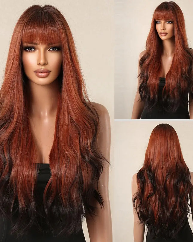 Brown Wavy Wigs for Women with Bangs Long Natural Synthetic Hair Wig Daily Cosplay Heat Resistant