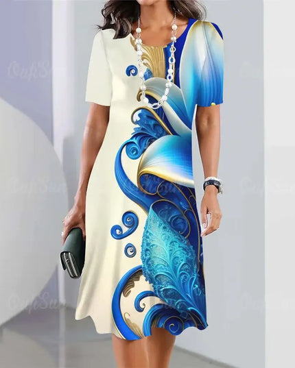 Summer women's dresses 3d floral print in elegant short sleeve design with blue swirls and floral art.