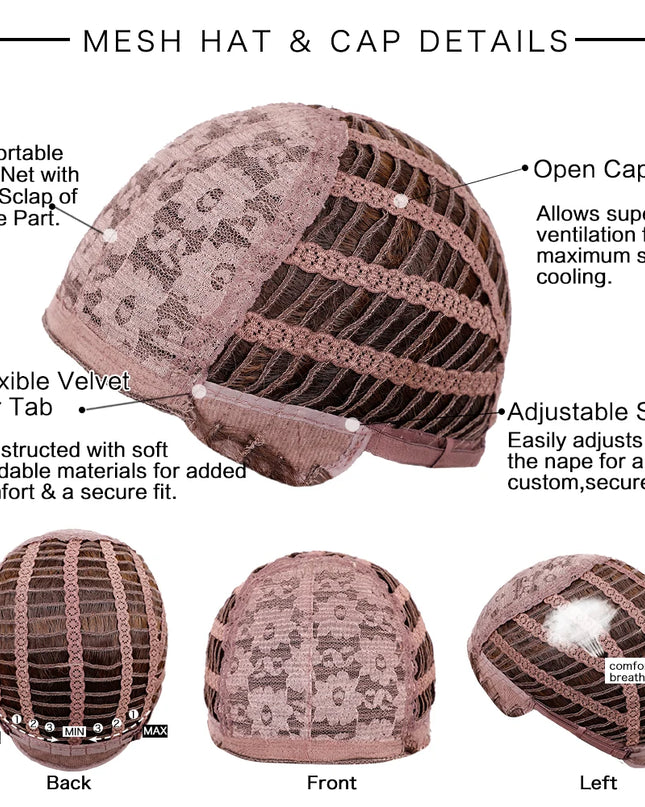 Mesh hat and cap with detailed features and labels on a white background