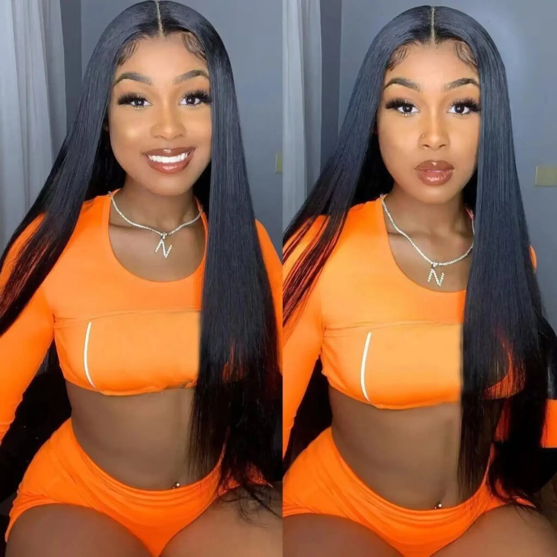 Woman wearing an orange outfit with a black wig against a neutral background