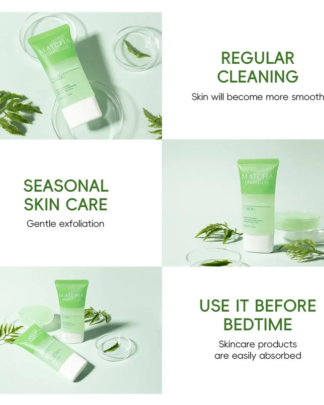 Cosmetic product with green packaging on a light background, featuring text about skincare routines.