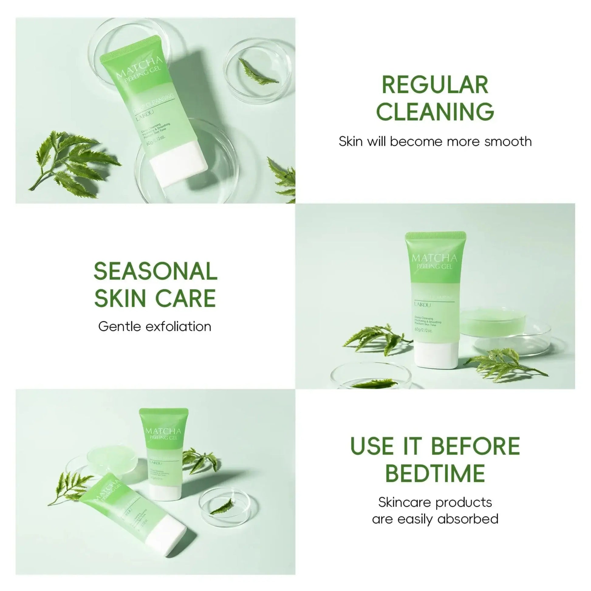 Cosmetic product with green packaging on a light background, featuring text about skincare routines.