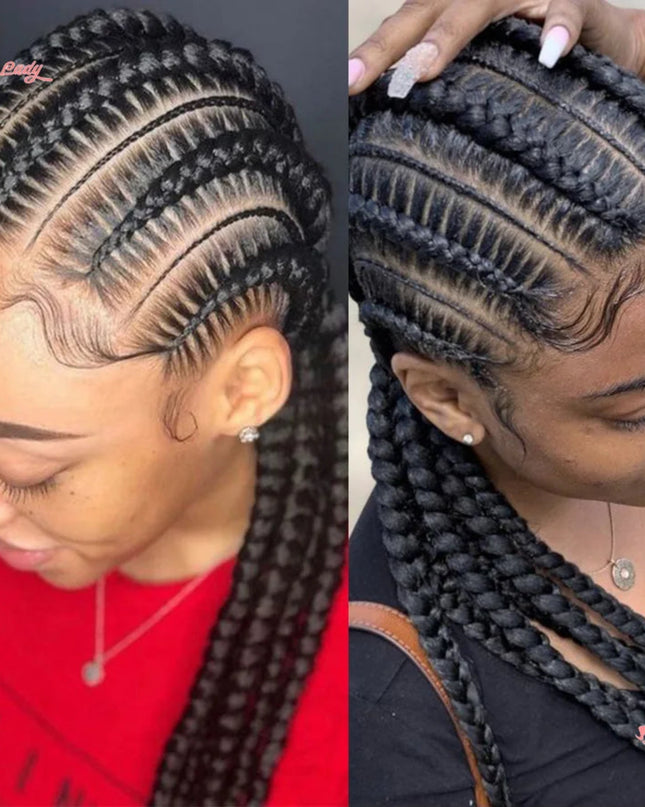 Two views of a person with braided hair, one from the side and one from the front.