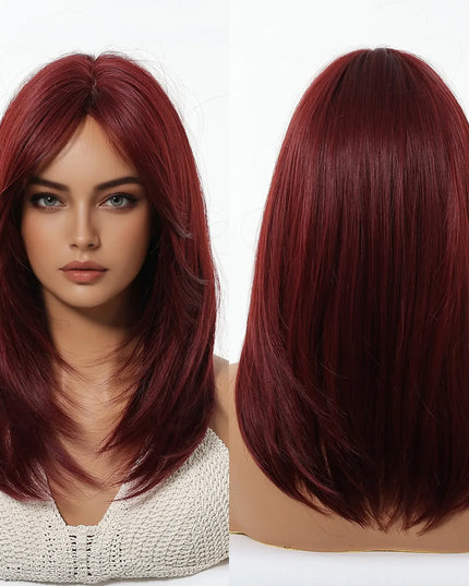 Blonde Synthetic Wigs with Bangs Medium Length Layered Straight Wig Natural Highlight Hair