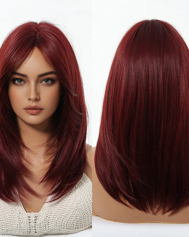 Blonde Synthetic Wigs with Bangs Medium Length Layered Straight Wig Natural Highlight Hair