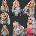 Collage of a woman with silver hair styled in various ways, featuring the Pretty Mama brand logo.