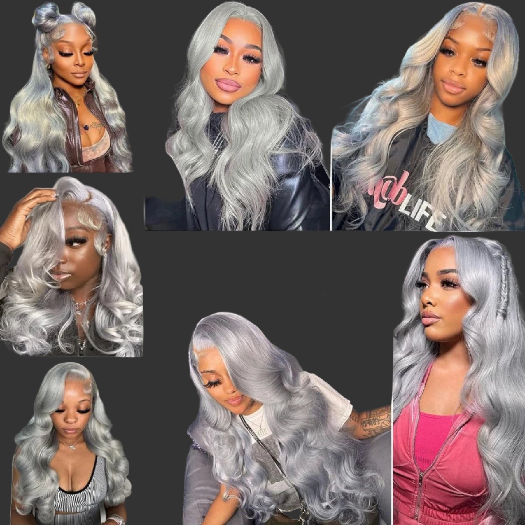 Collage of a woman with silver hair styled in various ways, featuring the Pretty Mama brand logo.