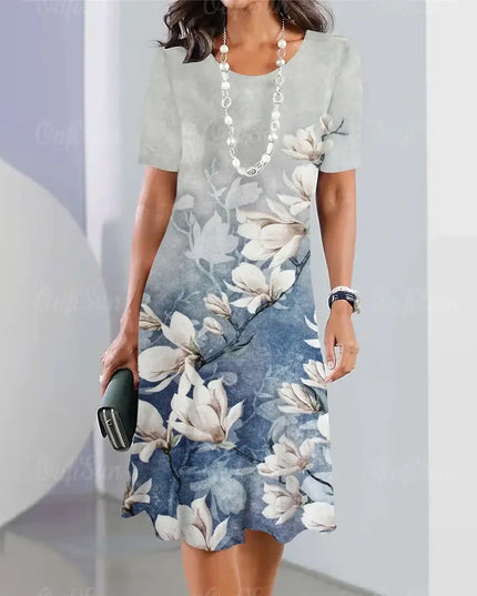 Summer women's dresses 3d floral print featuring an elegant A-line style with short sleeves and floral design.