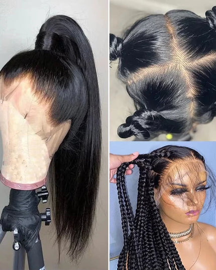 Collage of a wig on a mannequin head, braided hair, and a person wearing a wig with braids.