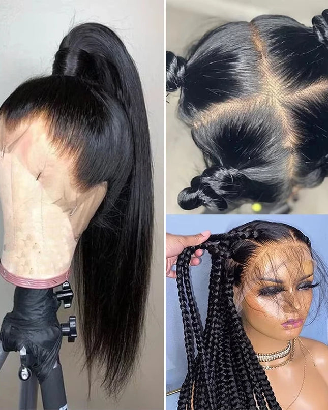 Collage of a wig on a mannequin head, braided hair, and a person wearing a wig with braids.