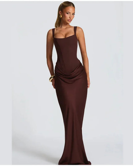 Brown pleated maxi dress square neck sleeveless gown showcasing elegant pleats and a flattering fit.