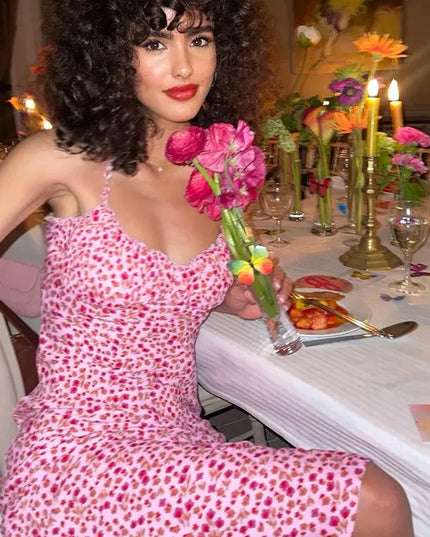 Floral Suspender Split Mini Dress 2024 Summer New Slim Sleeveless Patry Beach Style Spaghetti Strap Dress Women Clothes