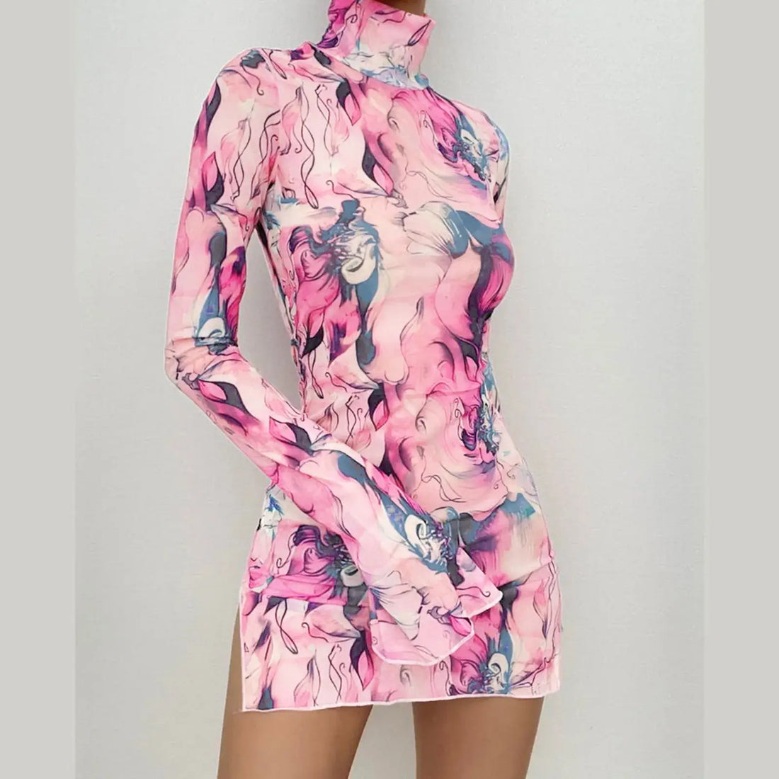 Y2K mesh bodycon dress in vibrant blue and green print with bell sleeves and open hip design, perfect for parties.