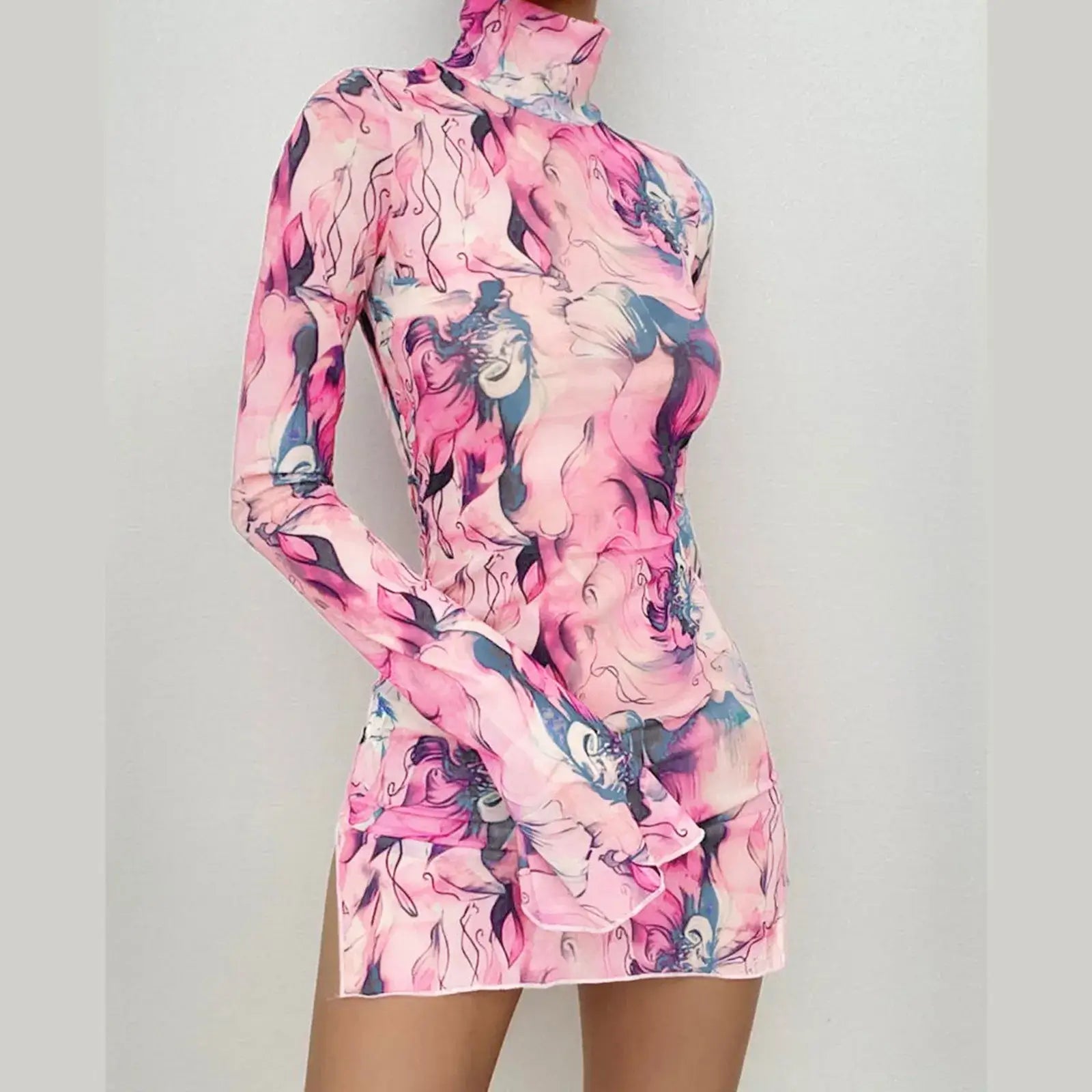 Y2K mesh bodycon dress in vibrant pink print with bell sleeves and a stylish open-hip design, perfect for parties.