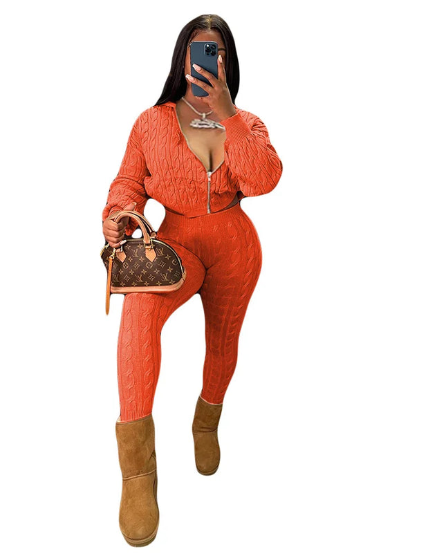 Women's Knit Hooded Sweater and Pants 2-Piece Set | Fall Winter Loungewear Outfit