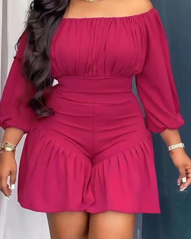 Rose Red Casual Off-the-shoulder Three-quarter Sleeve Ruffle Fitted Holiday Jumpsuit