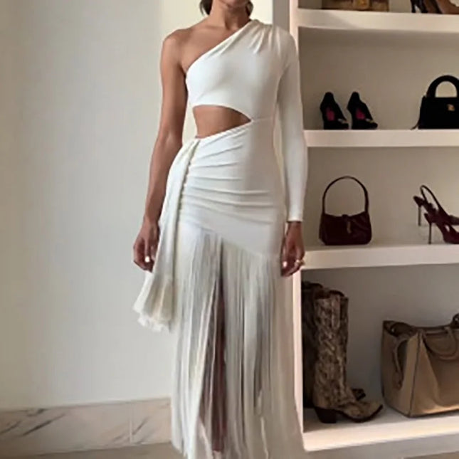 Women’s One-Shoulder Hollow Out Tassel Bodycon Maxi Dress