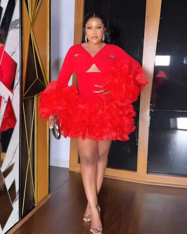 Sexy Petal Sleeve High Waist Mini Dress in red, showcasing unique sleeves and a flattering silhouette, perfect for spring events.