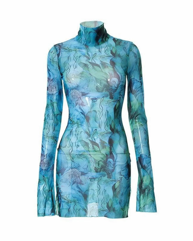 Y2K Mesh Bodycon Dress – Bell Sleeves, Open Hip Design