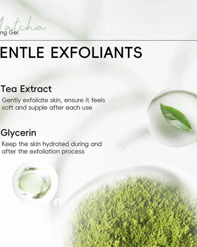 Advertisement for matcha peeling gel with ingredients and benefits on a white background