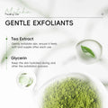 Advertisement for matcha peeling gel with ingredients and benefits on a white background