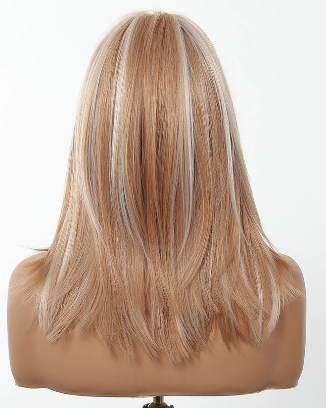 Blonde wig on a mannequin head against a white background