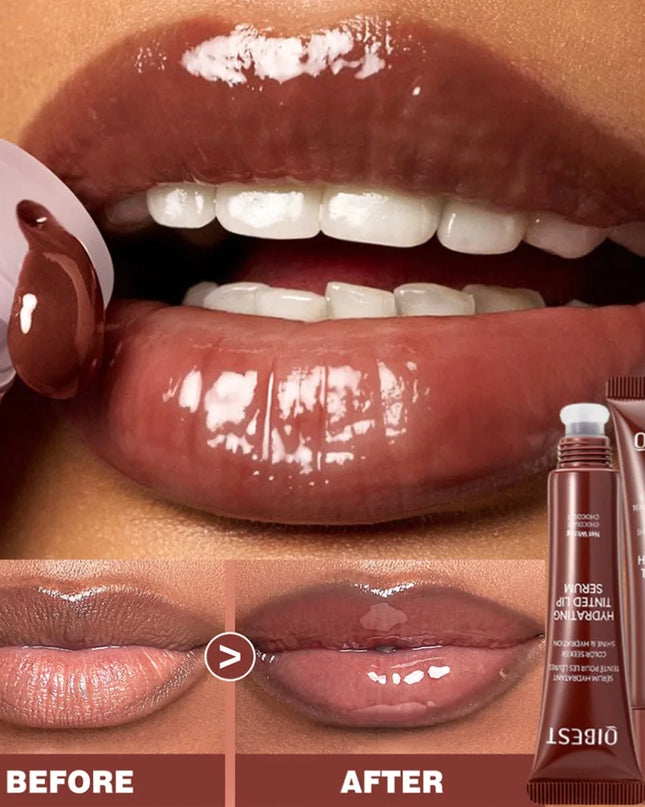 Lip serum packaging with a close-up of lips labeled 'Before' and 'After', showing a transformation.