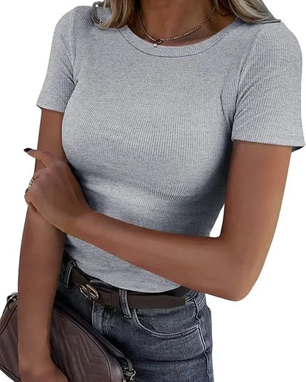 European and American new women's long sleeved elastic round neck ribbed T-shirt slim fit casual basic top