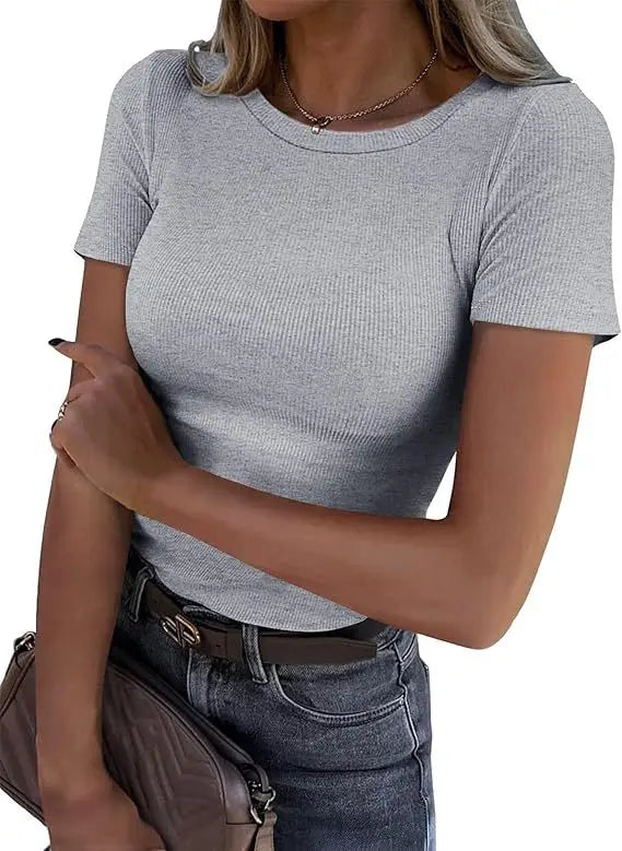 European and American new women's long sleeved elastic round neck ribbed T-shirt slim fit casual basic top
