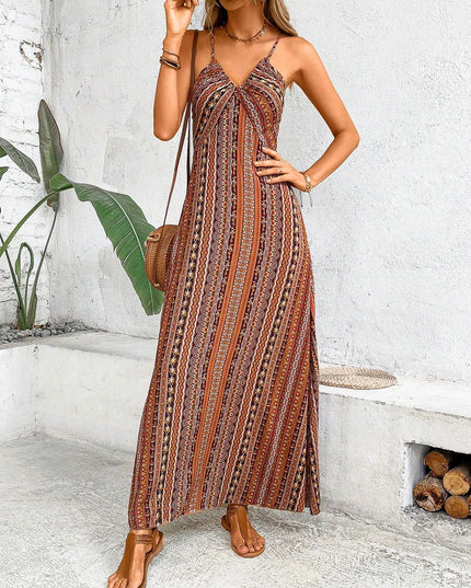 Women's Ethnic Pattern Backless Split Thigh Boho Maxi Dress