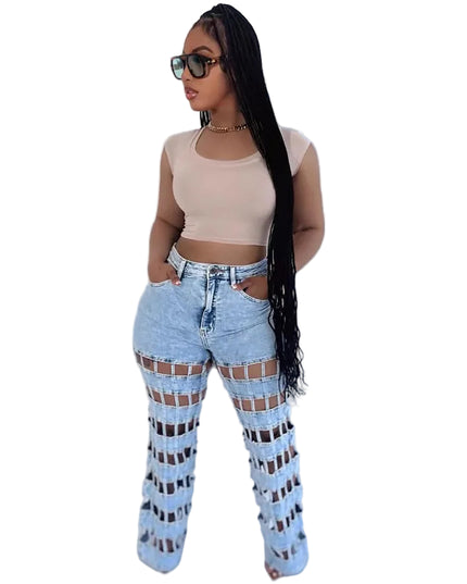 High waist hollow out denim pants for women styled with a cropped top, showcasing a trendy Y2K streetwear look.