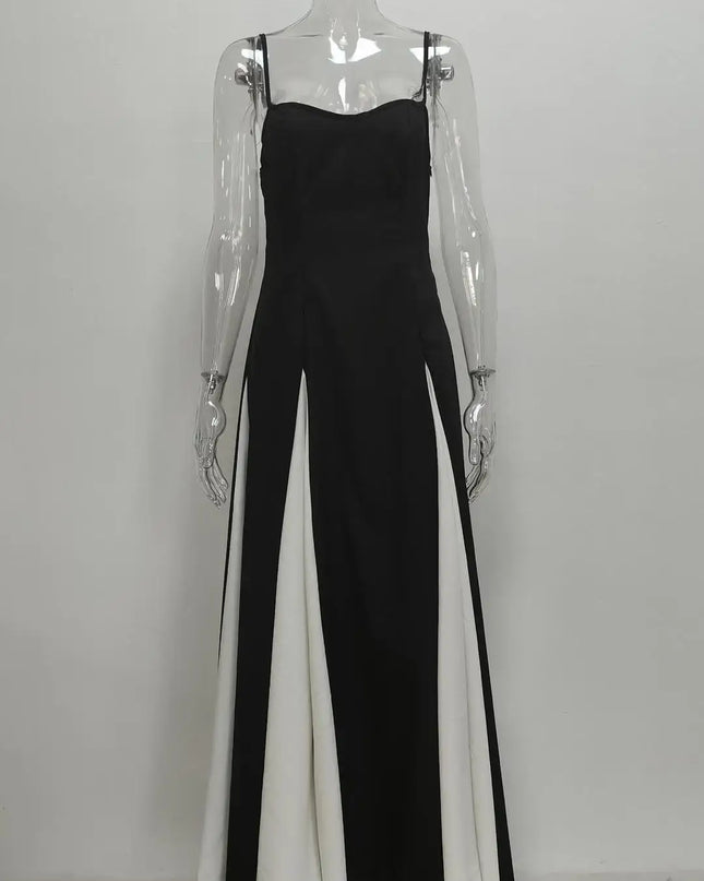 Fashion Sling Color Contrast Evening Party Dress featuring a V-neck, off-shoulder, and stylish black and white design.