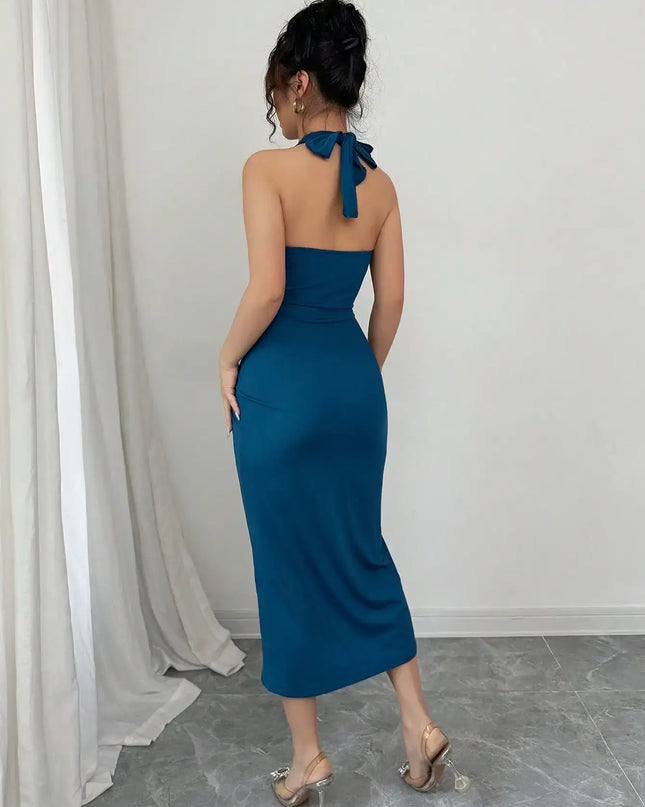 Elegant Blue Halter Neck Dress For Women.