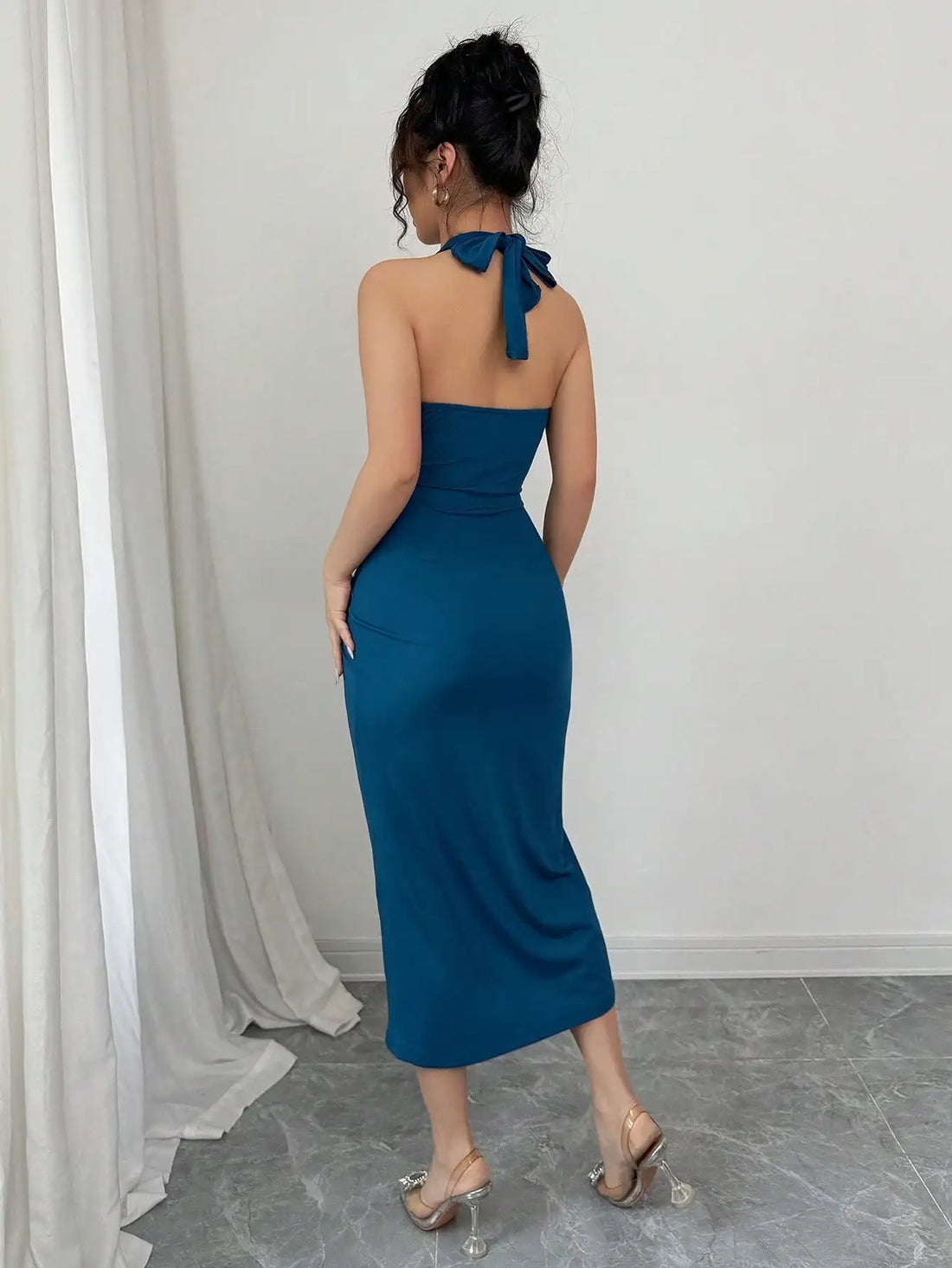 Elegant Blue Halter Neck Dress For Women.