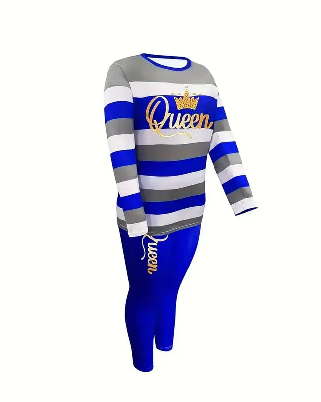Plus Size Women's Fashion Striped Print Two-Piece Set Women's Casual Suit