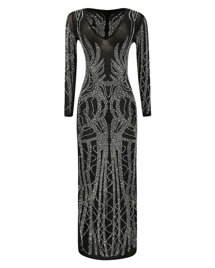 Black dress with silver embellishments on a white background