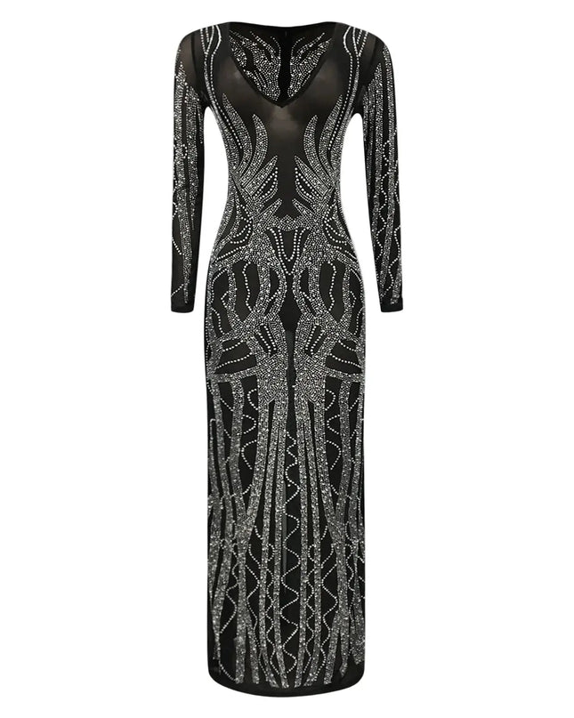 Black dress with silver embellishments on a white background