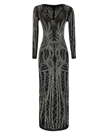 Black dress with silver embellishments on a white background