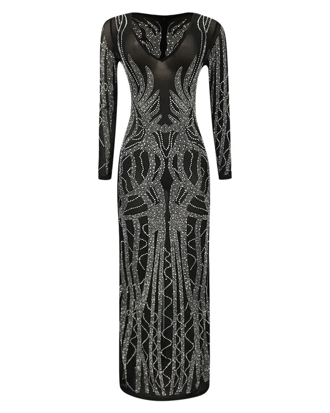 Black dress with silver embellishments on a white background