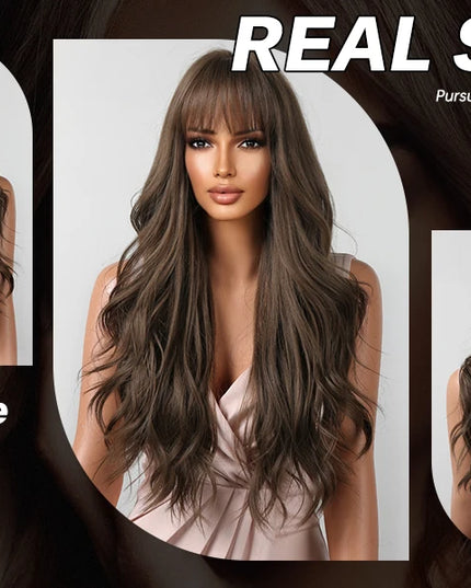 Brown Wavy Wigs for Women with Bangs Long Natural Synthetic Hair Wig Daily Cosplay Heat Resistant