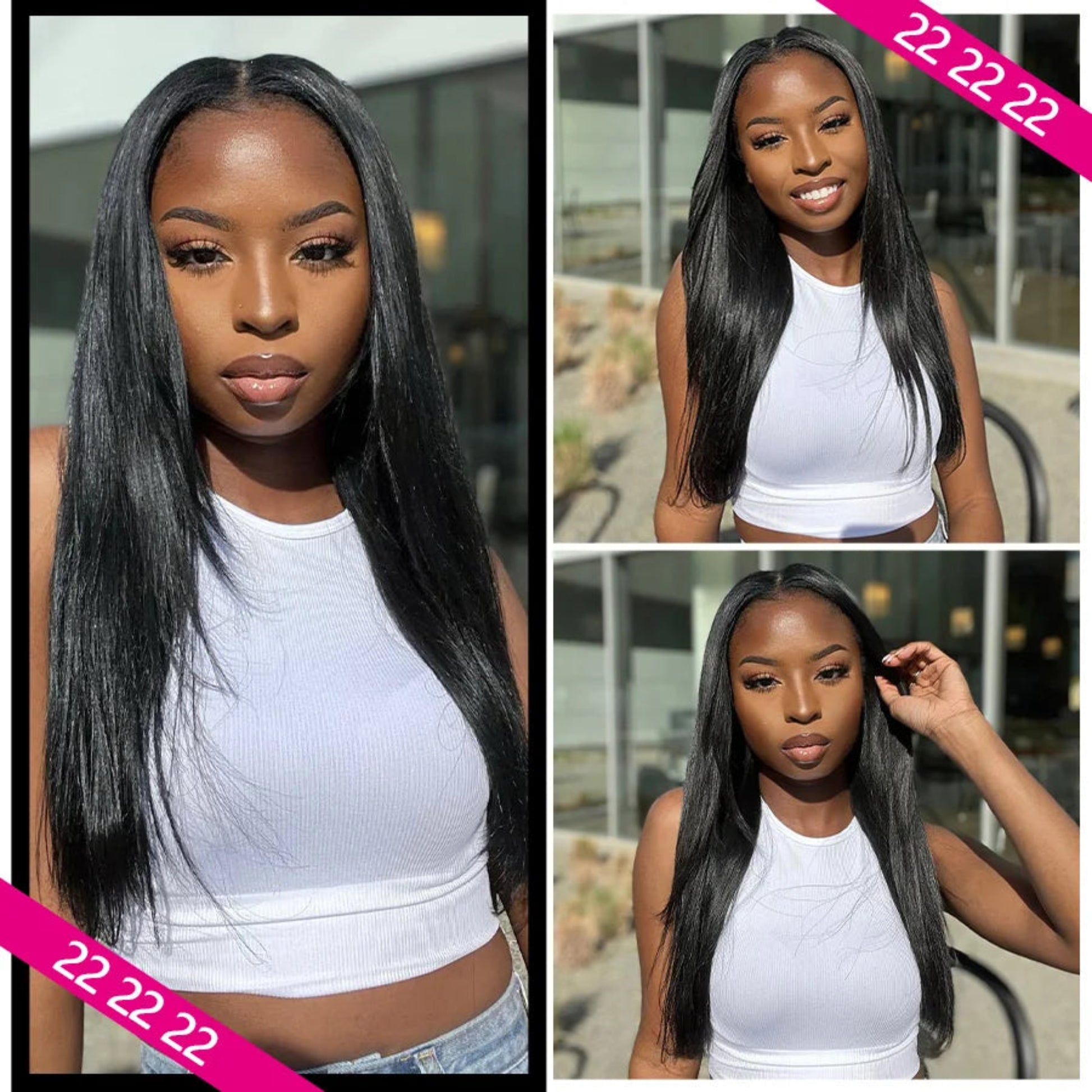 Woman with long black hair wearing a white top, shown from different angles.