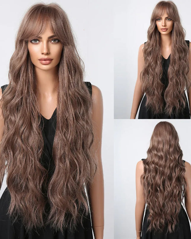 Brown Wavy Wigs for Women with Bangs Long Natural Synthetic Hair Wig Daily Cosplay Heat Resistant