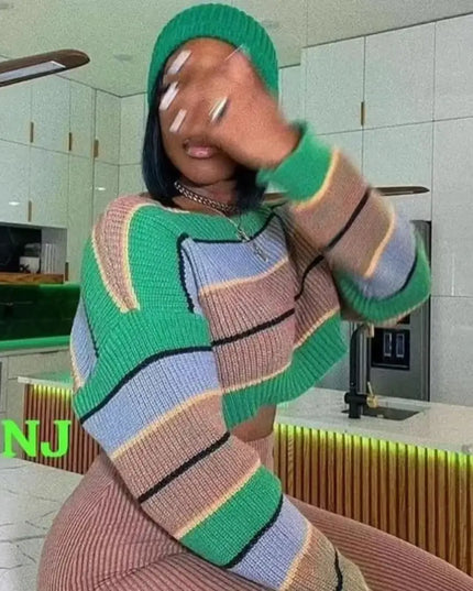 Women 2 Piece Set Long Sleeve Striped Sweater and Sweat Pants Suits 2024 Winter Fitness Active Two Piece Lounge Sets Tracksuit