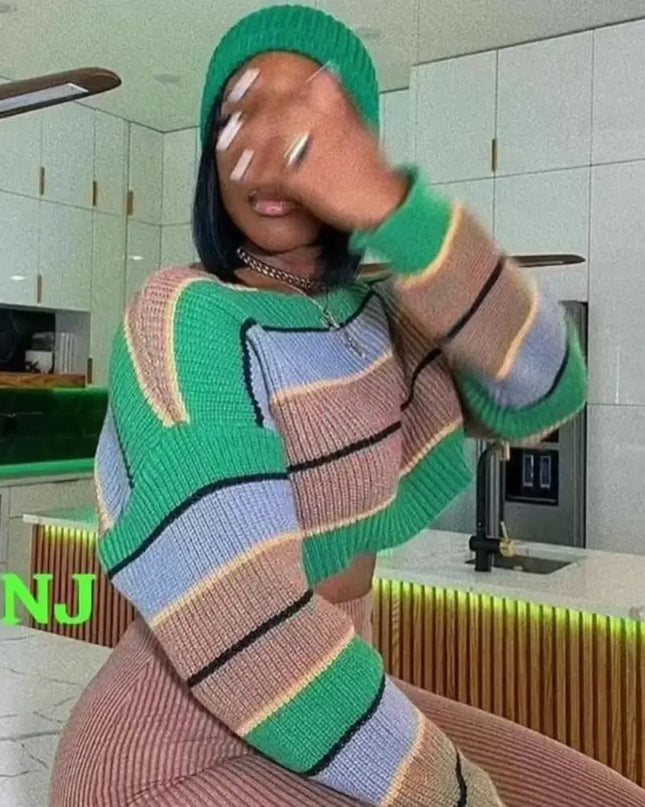 Women 2 Piece Set Long Sleeve Striped Sweater and Sweat Pants Suits 2024 Winter Fitness Active Two Piece Lounge Sets Tracksuit